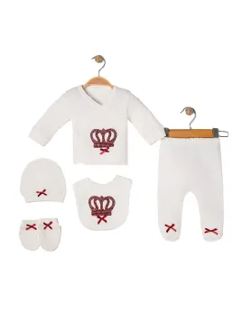 Baby girl set, white, 5 pieces, crown and navy bows