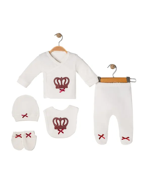 Set bebelus fetita, alb, 5 piese,coroana si fundite grena - ministyle