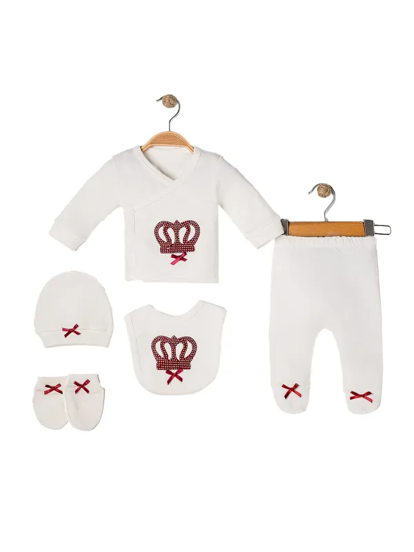 Set bebelus fetita, alb, 5 piese,coroana si fundite grena - ministyle