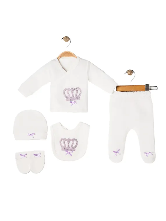Set bebe fetita 5 piese, alb cu coroana mov si fundite lila - ministyle