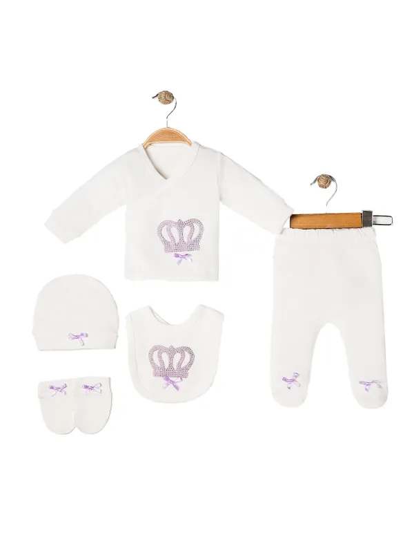 Set bebe fetita 5 piese, alb cu coroana mov si fundite lila - ministyle
