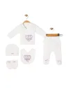 Set bebe fetita 5 piese, alb cu coroana mov si fundite lila - ministyle