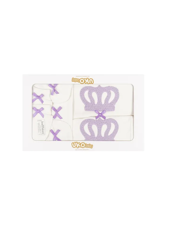 ministyle - Set bebe fetita 5 piese, alb cu coroana mov si fundite lila