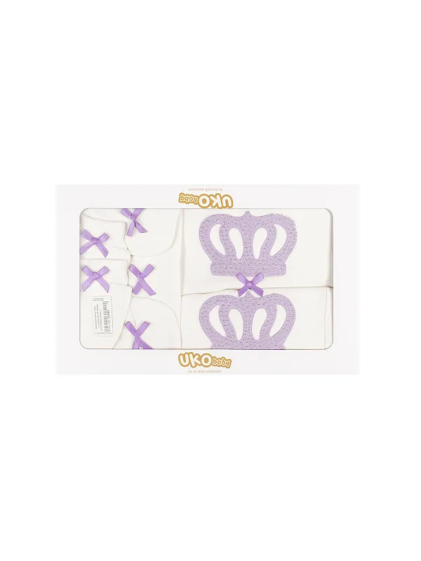 ministyle - Set bebe fetita 5 piese, alb cu coroana mov si fundite lila