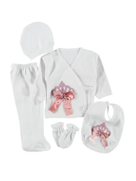 Baby girl set 5 pieces, white with crown and pink satin bow