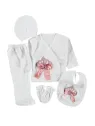 Set bebe fetita 5 piese, alb cu coroana si funda roz satin ministyle