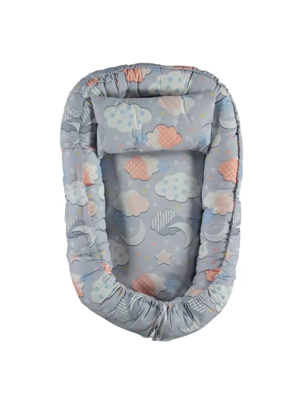 Comfortable baby nest, blue-grey clouds pattern