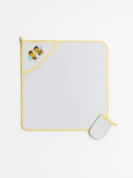 Baby towel with hood and glove, white and yellow, cotton