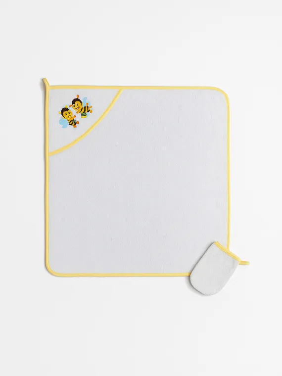 Baby towel with hood and glove, white and yellow, cotton