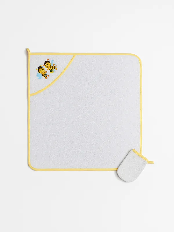 Baby towel with hood and glove, white and yellow, cotton