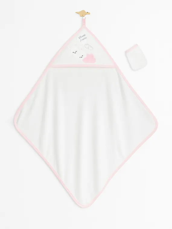 Baby girl towel with hood and mitten, cotton, bunnies