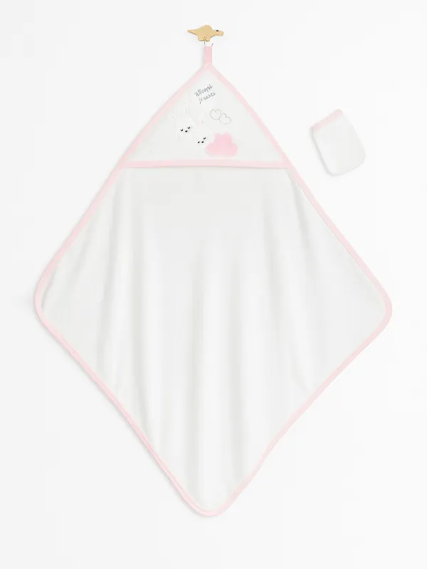 Baby girl towel with hood and mitten, cotton, bunnies