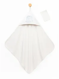 Baby towel, white with hood and glove, blue embroidery