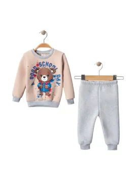Unisex baby padded tracksuit with teddy bear, beige cotton