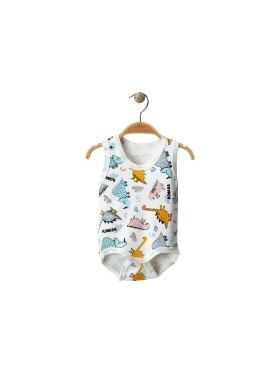 White baby bodysuit with colorful dinosaur print