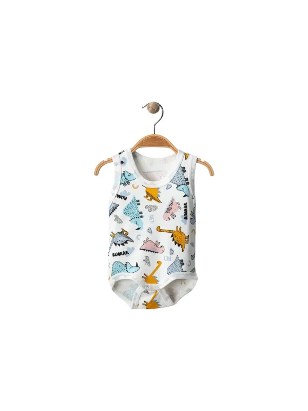 Body maiou bebe alb cu dinozauri colorati