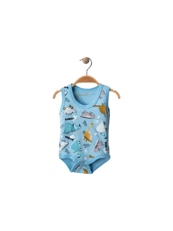 Blue baby bodysuit with colorful dinosaurs