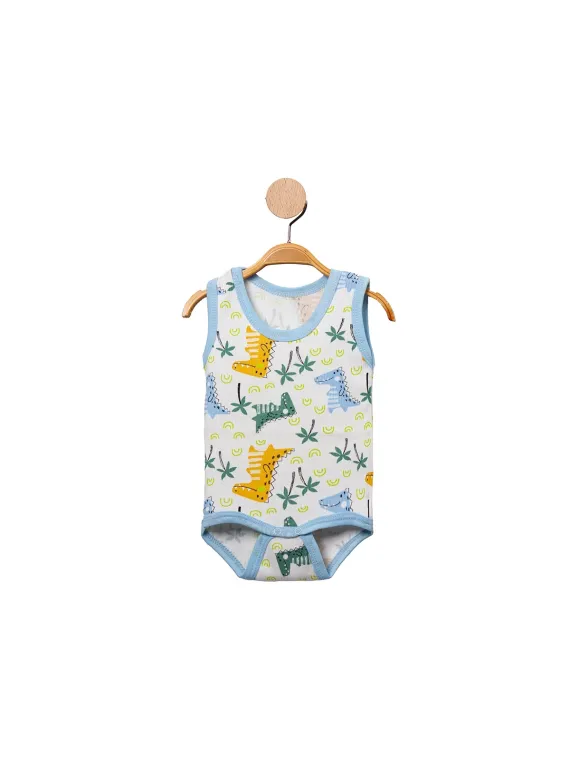 White tank top bodysuit with dinosaurs and blue border