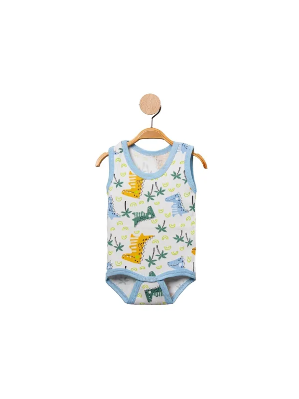 White tank top bodysuit with dinosaurs and blue border