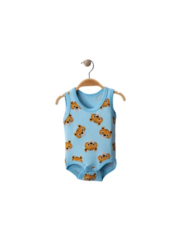 Blue tank top bodysuit with orange tiger for babies