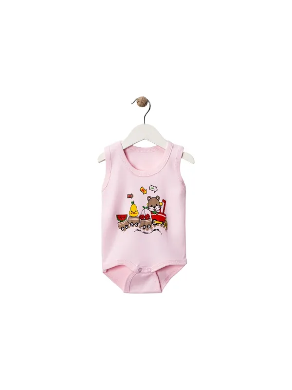 Pink bodysuit with colorful train for babies