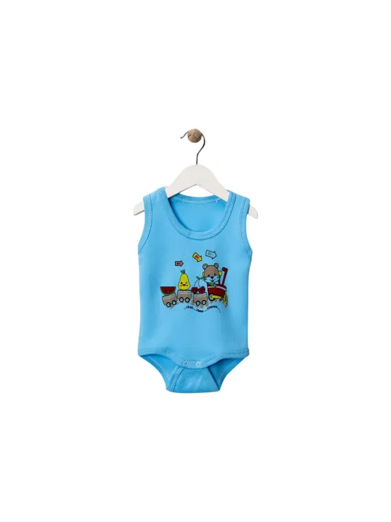 Blue bodysuit with colorful train for babies