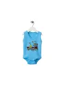 Blue bodysuit with colorful train for babies