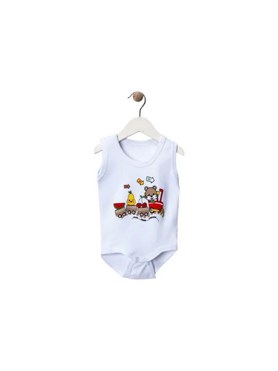 Body maiou bebe alb cu imprimeu trenulet colorat