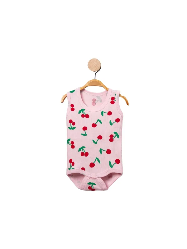 Pink bodysuit for little girls with cherries made of soft cotton