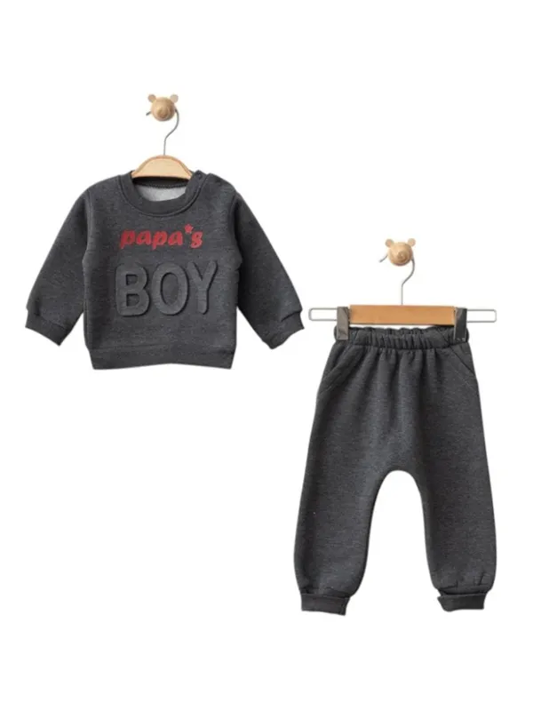 Trening bebelusi baietei, vatuit, model Papa's Boy, gri inchis | Haine Bebelusi | MiniStyle - Haine Copii | Haine Bebeluși
