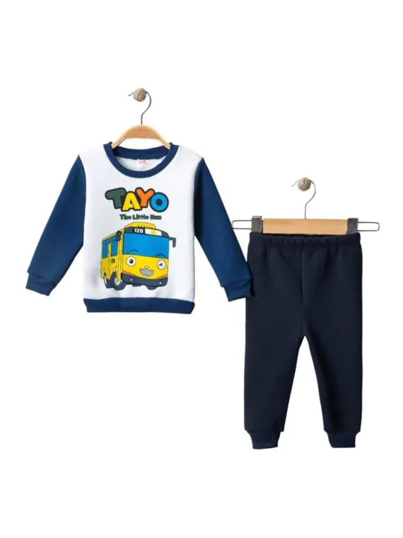 Baby Bus boy's padded tracksuit with bus, blue cotton