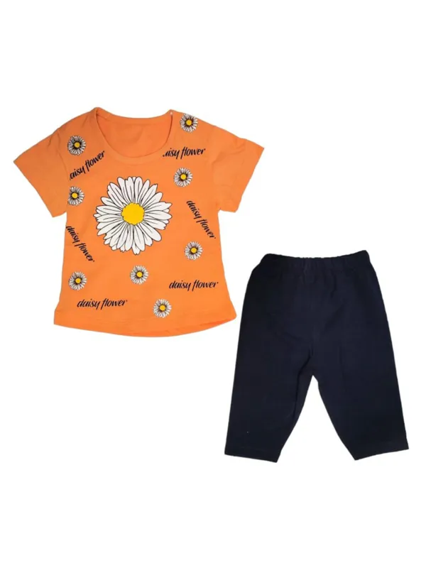 Compleu vara fetite cu floare, bumbac portocaliu-ministyle