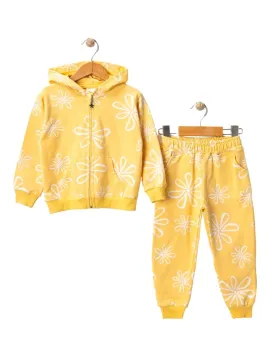 Girls' yellow tracksuit with floral cotton sweatshirt