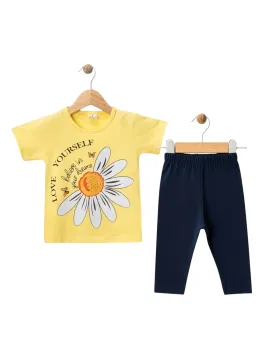 Compleu vara fete tricou galben model floare 3-6 ani