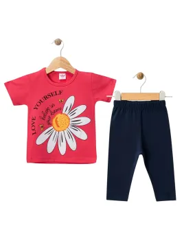 Compleu vara fete tricou roz model floare 3-6 ani