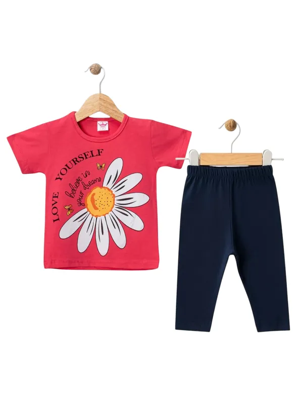 Compleu vara fete tricou roz model floare 3-6 ani