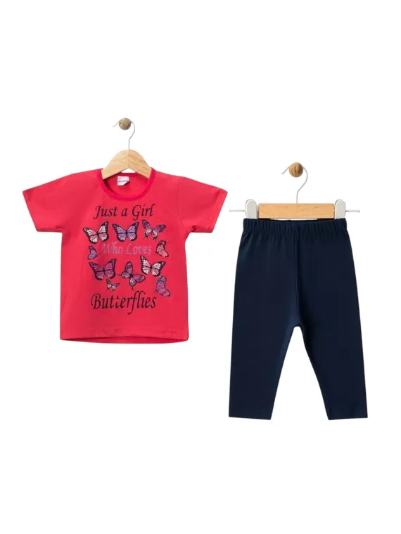 Girls' summer outfit, pink butterfly pattern t-shirt, 3-6 years