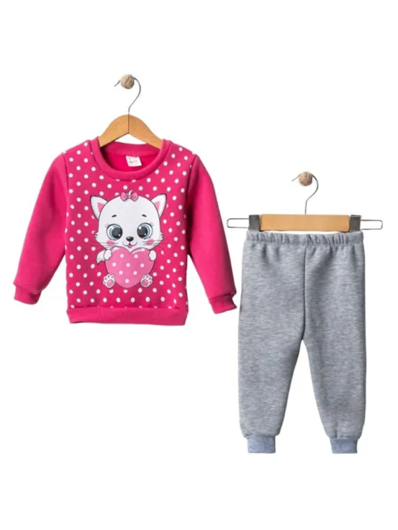 Baby girls' padded tracksuit Kitty with kitten, dark pink