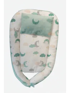 Babynest cu pernuta, invelis din bumbac, umplutura hipoalergenica, verde/alb - MiniStyle