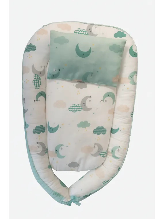 Babynest cu pernuta, invelis din bumbac, umplutura hipoalergenica, verde/alb - MiniStyle
