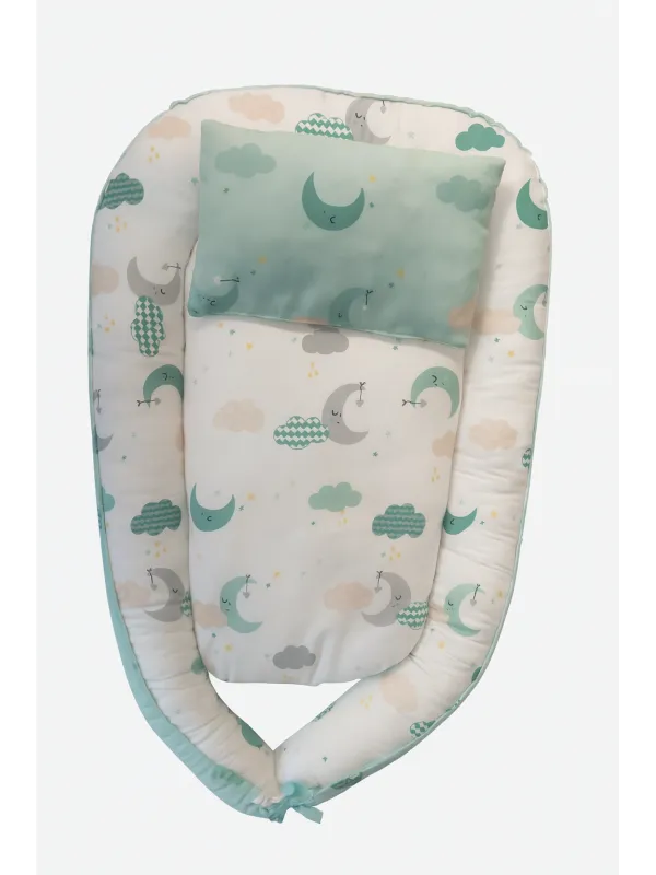 Babynest cu pernuta, invelis din bumbac, umplutura hipoalergenica, verde/alb - MiniStyle