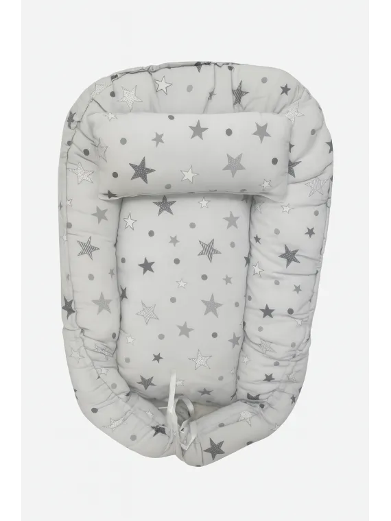 Babynest and pillow with gray stars, hypoallergenic cotton