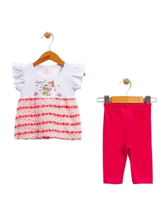 Compleu bebe fetite roz, tricou cu volanase si colanti