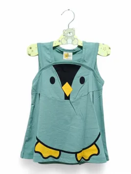 Green girl's summer dress with penguin - sleeveless