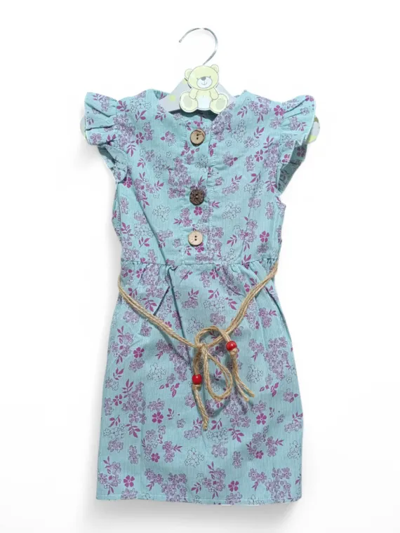 Girls' summer shirt dress in blue with purple flowers and cord