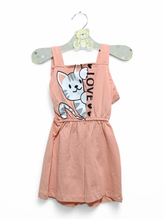 Girls' pink, loose summer jumpsuit with Cat print