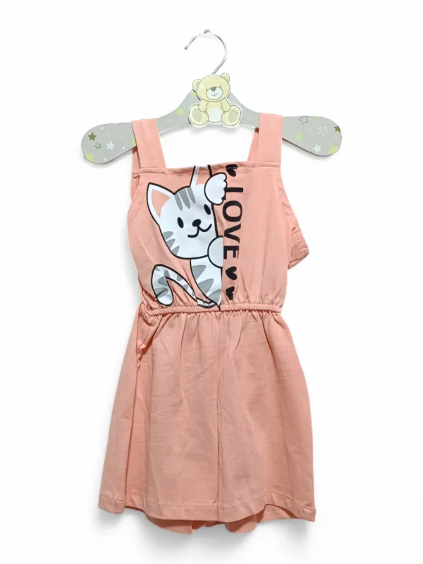 Girls' pink, loose summer jumpsuit with Cat print