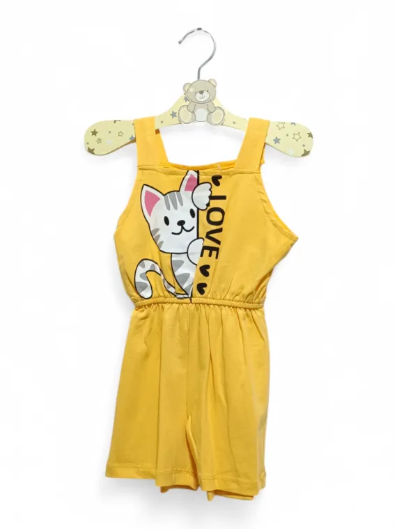 Yellow summer jumpsuit for girls – Cat model with elastic