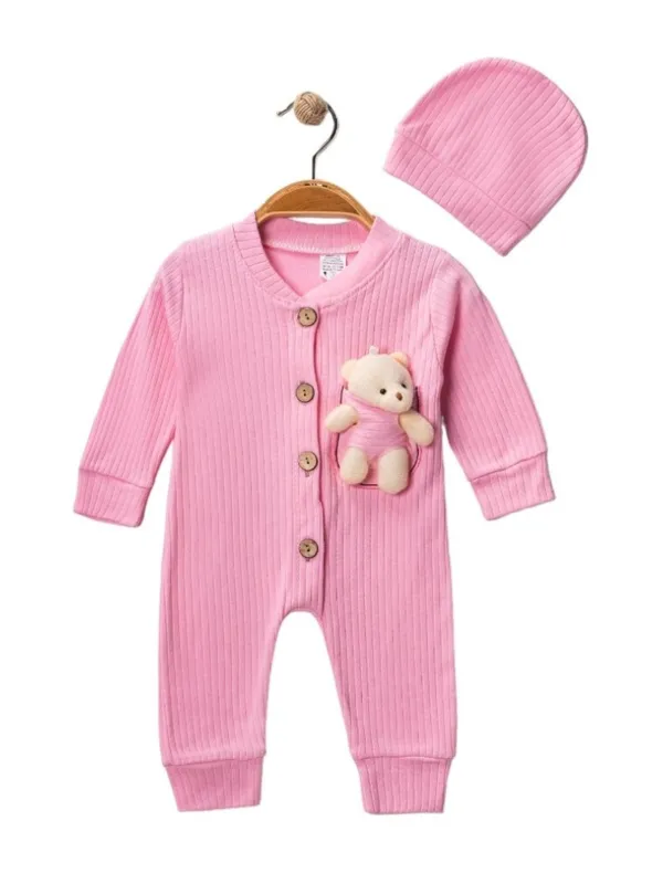 Set salopeta si caciulita pentru bebe fetite, ursulet detasabil, roz | Salopete si Combinezoane