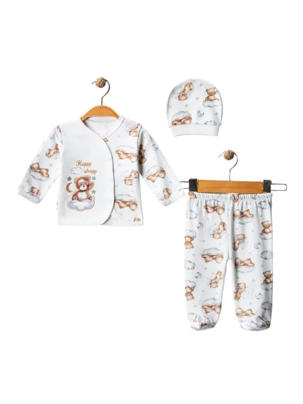 Set 3 piese bebelus nou nascut unisex bej, model ursuleti
